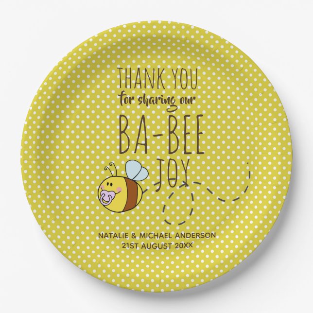 Assiettes En Carton Merci BA-BEE Baby shower Polkadot jaune (Devant)