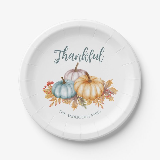 Assiettes En Carton Merci citrouilles d'aquarelle fête de Thanksgiving (Devant)