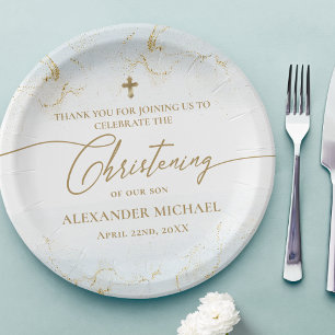 Assiettes En Carton Merci moderne Croix Bleue Or Garçon Christening