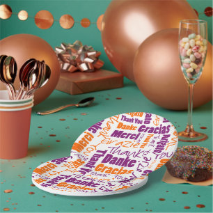 Assiettes En Carton Merci multilingue violet et orange