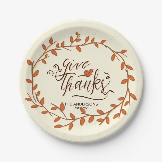 Assiettes En Carton Merci.Thanksgiving. Nom et date personnalisés. (Devant)