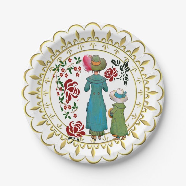 Assiettes En Carton Mère Fille Duo Roses Rouges Fleurie (Devant)
