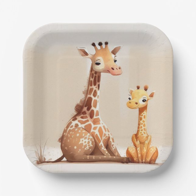 Assiettes En Carton Mère Girafe Avec Bébé En Aquarelle (Recto)