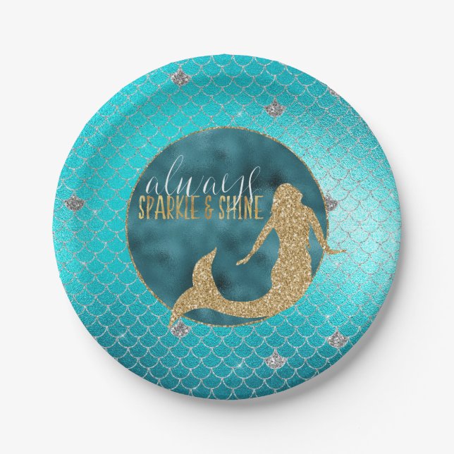 Assiettes En Carton Mermaid Aqua Gold Parties scintillant étincelle en (Devant)