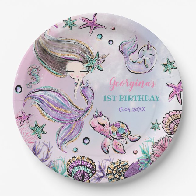 Assiettes En Carton Mermaid branché, tortue de mer et Narwhal Birthday (Devant)