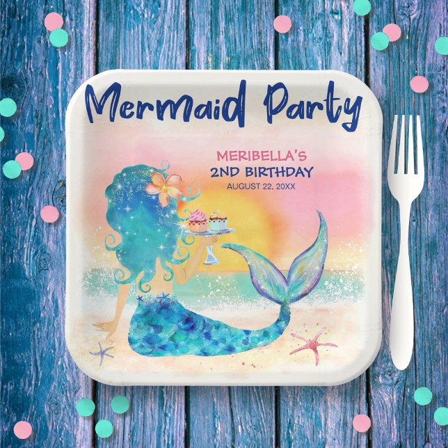 Assiettes En Carton Mermaid Cupcakes Tropical Beach Girl'anniversaire (Créateur téléchargé)