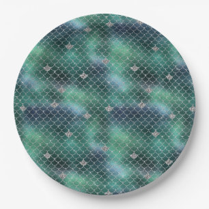 Assiettes En Carton Mermaid Silver Turquoise Ocean Glitz