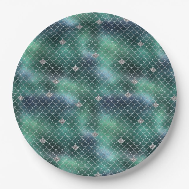 Assiettes En Carton Mermaid Silver Turquoise Ocean Glitz (Devant)