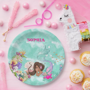 Assiettes En Carton Mermaid Starfish Cheveux foncés Mignonnes serviett