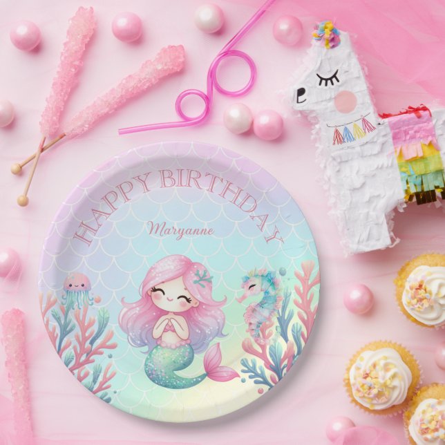 Assiettes En Carton Mermaid Tail Teal Pink Girly Birthday Party (Fête)