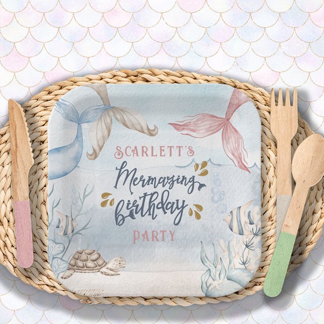 Assiettes En Carton Mermaid Tails Aquarelle Mermazing Anniversaire (Créateur téléchargé)
