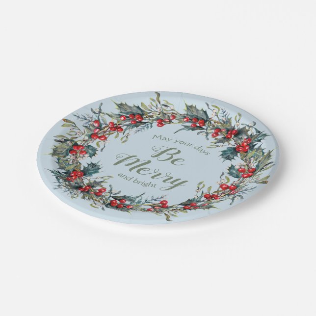 Assiettes En Carton Merry Bright Christmas Wreath Berries Green Feuill (Angle)