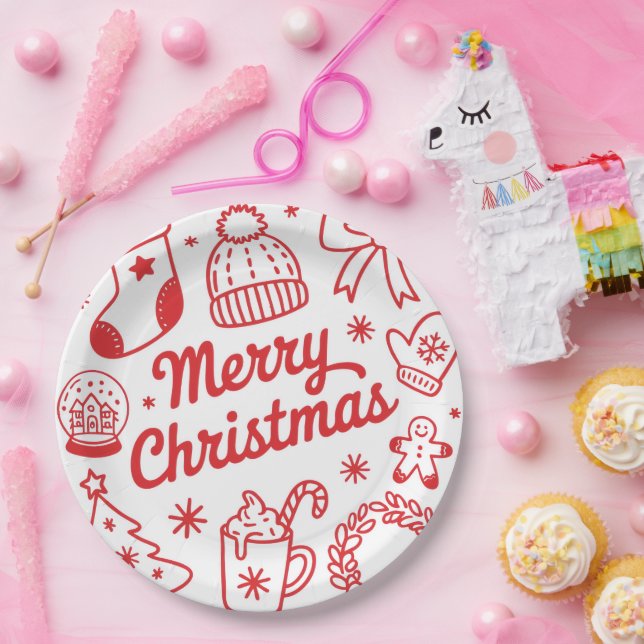 Assiettes En Carton Merry Christmas Red & White Holiday Paper Plate (Fête)
