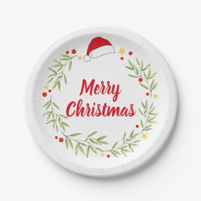 Assiettes En Carton Merry Christmas Santa Hat Wreath Party (Devant)