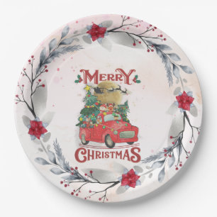 Assiettes En Carton Merry Christmas Vintage Red Santa Truck