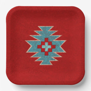 Assiettes En Carton Mesas Sud-Ouest Rouge & Turquoise Motif géométriqu