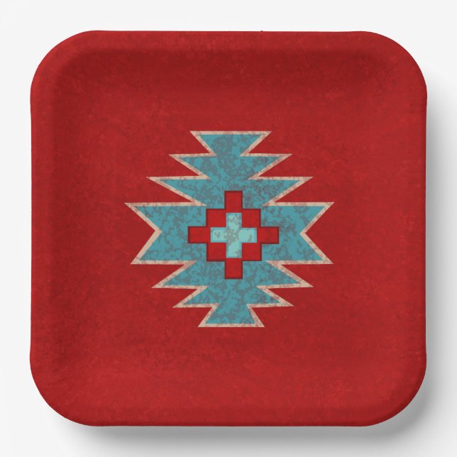 Assiettes En Carton Mesas Sud-Ouest Rouge & Turquoise Motif géométriqu (Recto)