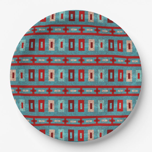Assiettes En Carton Mesas Sud-Ouest Turquoise & Rouge Design géométriq (Devant)