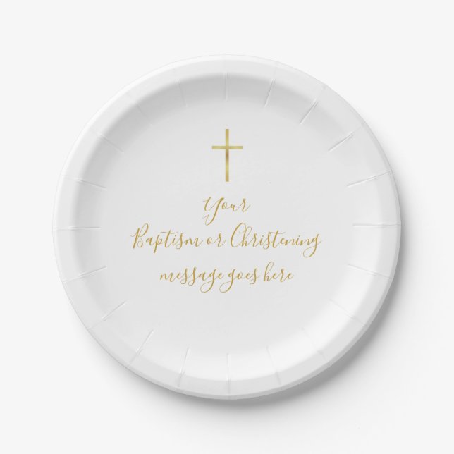 Assiettes En Carton Message de baptême simple Croix d'or (Devant)