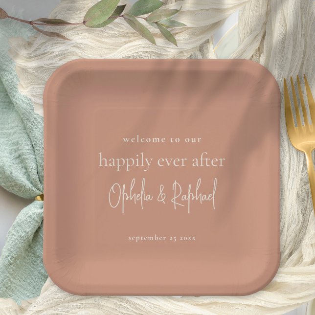 Assiettes En Carton Message de bienvenue rustique Script Mariage en te (Square 9" Terracotta. Fully customisable.)