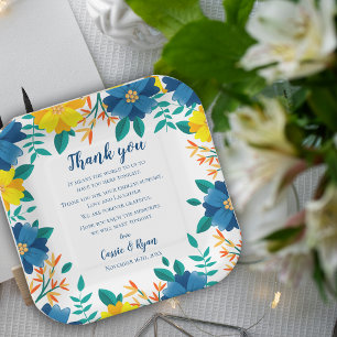 Assiettes En Carton Message de Merci Mariage bleu jaune chic