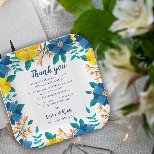 Assiettes En Carton Message de Merci Mariage bleu jaune chic (Chic Blue Yellow Floral Wedding Thank you Message Paper Plates)