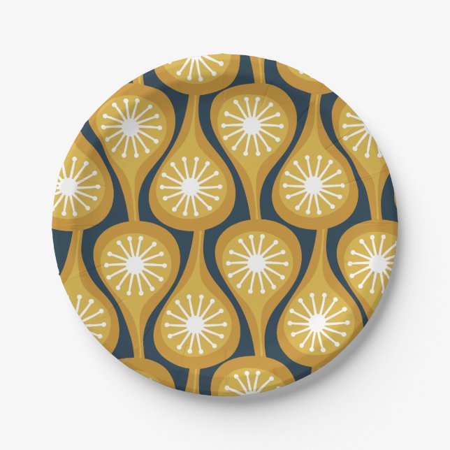 Assiettes En Carton Mi-Siècle moderne Atomique gouttes Motif Mustard (Devant)