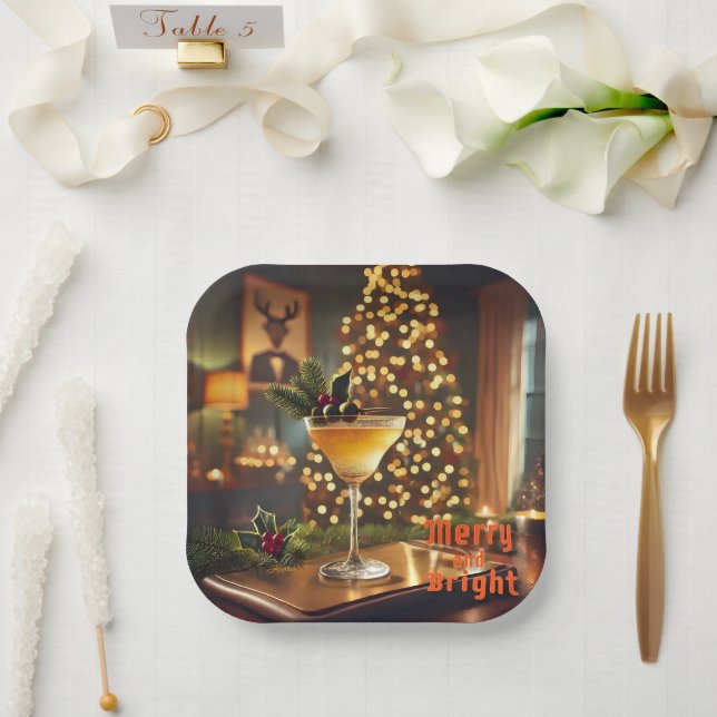 Assiettes En Carton Mi-Siècle Noël Joyeux & Cocktail lumineux (Mariage)