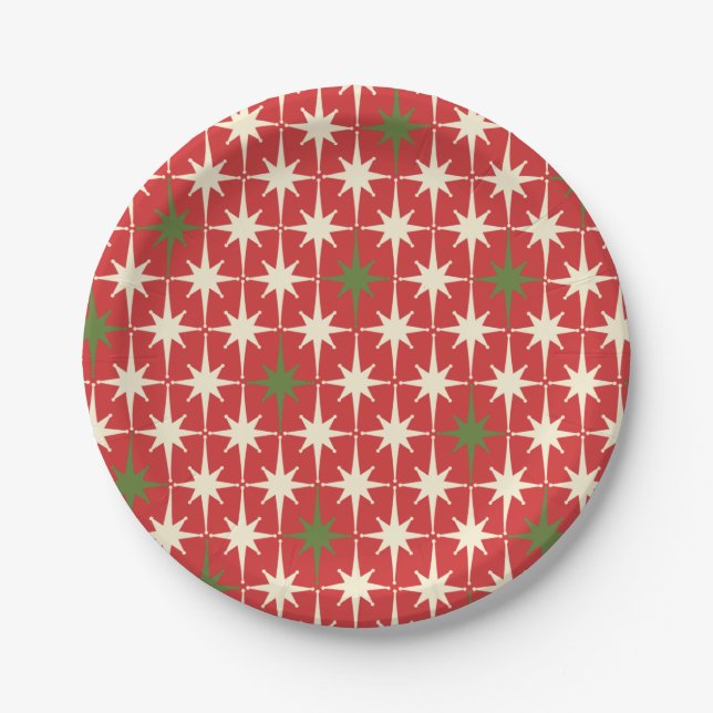 Assiettes En Carton Mi-siècle Rétro Noël Starbursts Motif Rouge (Devant)