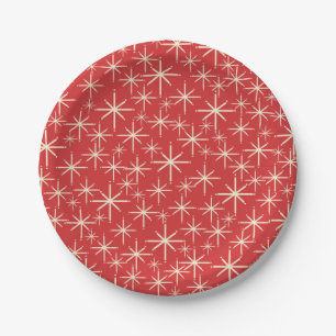 Assiettes En Carton Mi-Siècle Rétro Starbursts Motif Rouge