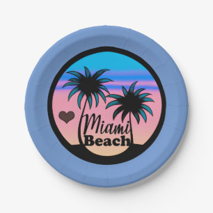 Assiettes En Carton Miami Beach Bleu et Palmiers roses