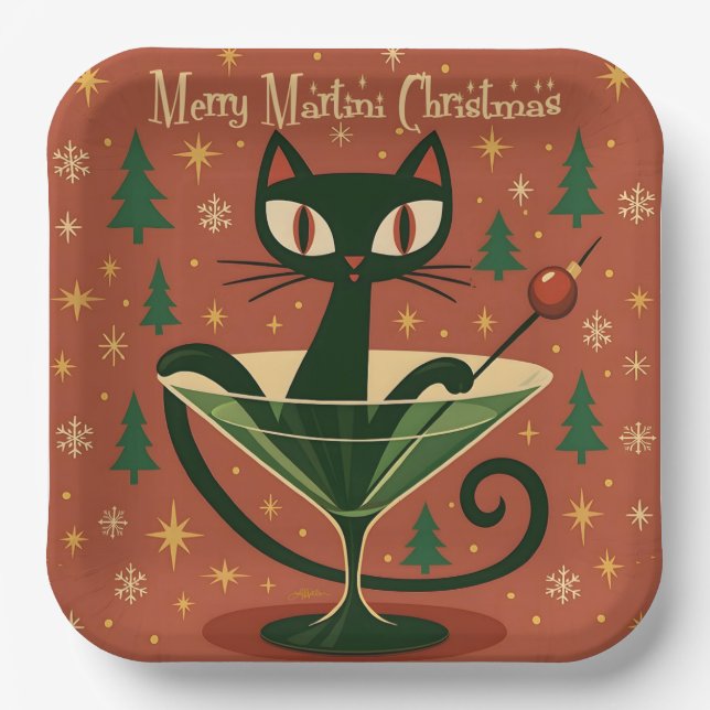 Assiettes En Carton Mid Century Black Cat Merry Martini Christmas (Recto)