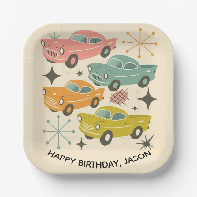 Assiettes En Carton Mid-Century Retro Cars Atomic Starburst  (Recto)