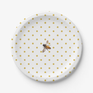 Assiettes En Carton Miel Bee rétro or et blanc polka-dot motif