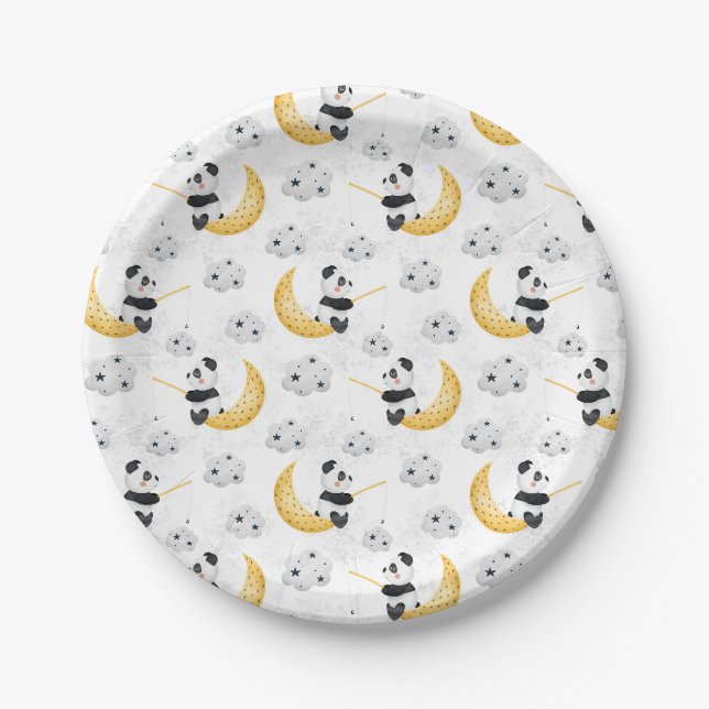 Assiettes En Carton Mignon motif de panda pêcheur à l'aquarelle (Devant)