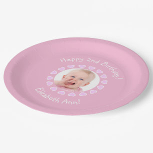 Assiettes En Carton Mignonne 2e anniversaire fille Coeurs roses Cadre 