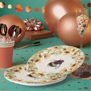 Assiettes En Carton Mignonne alvéole et fleurs de abeille
