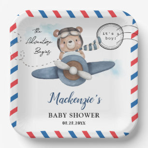 Assiettes En Carton Mignonne Bear Plane Aventure Commence Baby shower