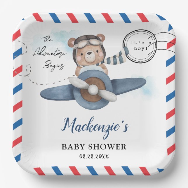 Assiettes En Carton Mignonne Bear Plane Aventure Commence Baby shower  (Recto)