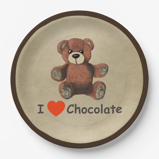 Assiettes En Carton Mignonne I Coeur (Amour) Chocolat Teddy Ours (Devant)