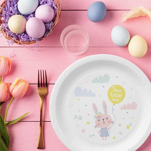 Assiettes En Carton Mignonne lapin de Pâques avec fleurs, nuages et ba (Créateur téléchargé)