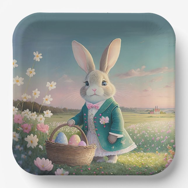 Assiettes En Carton Mignonne lapin de Pâques en petite veste bleue (Recto)
