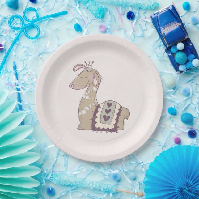 Assiettes En Carton Mignonne Llama Princesse portant une couronne (Fête)