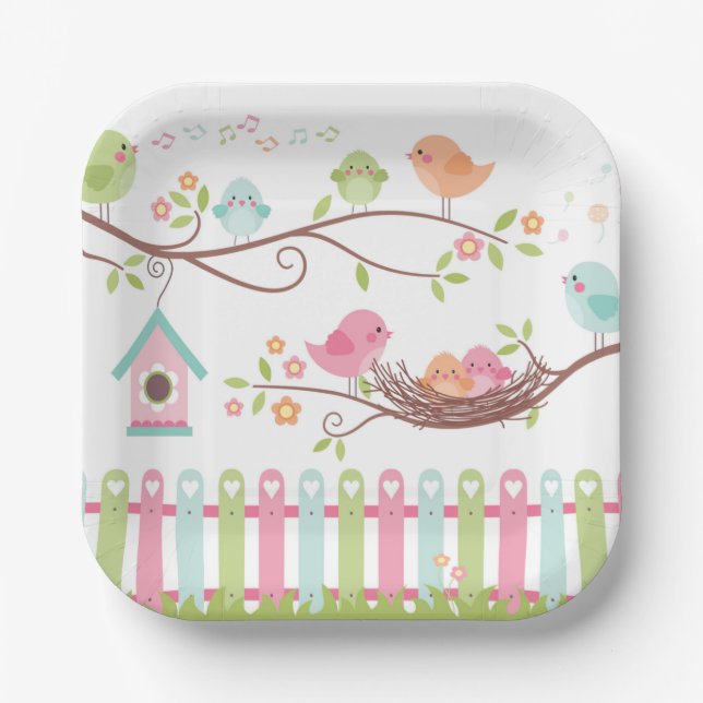 Assiettes En Carton Mignonne Oiseaux Nid Blanc (Recto)