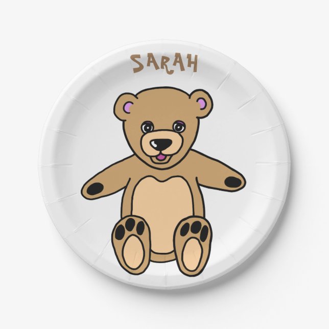 Assiettes En Carton Mignonne Ours Brown Teddy Nom de l'anniversaire (Devant)