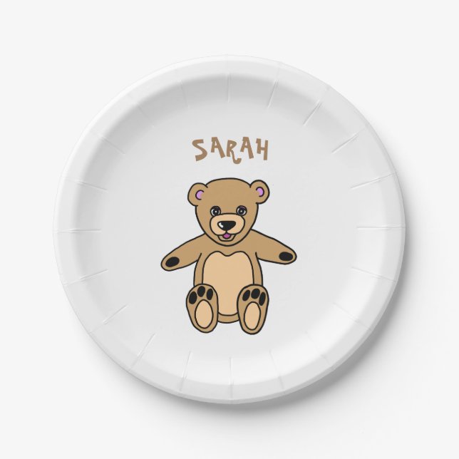 Assiettes En Carton Mignonne Ours Brown Teddy Nom de l'anniversaire (Devant)
