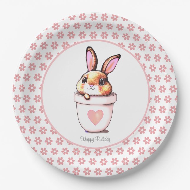 Assiettes En Carton Mignonne Plante de lapin d'anniversaire Pot & Fleu (Devant)