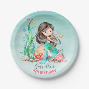 Assiettes En Carton Mignonne sirène d'aquarelle sous la mer Anniversa