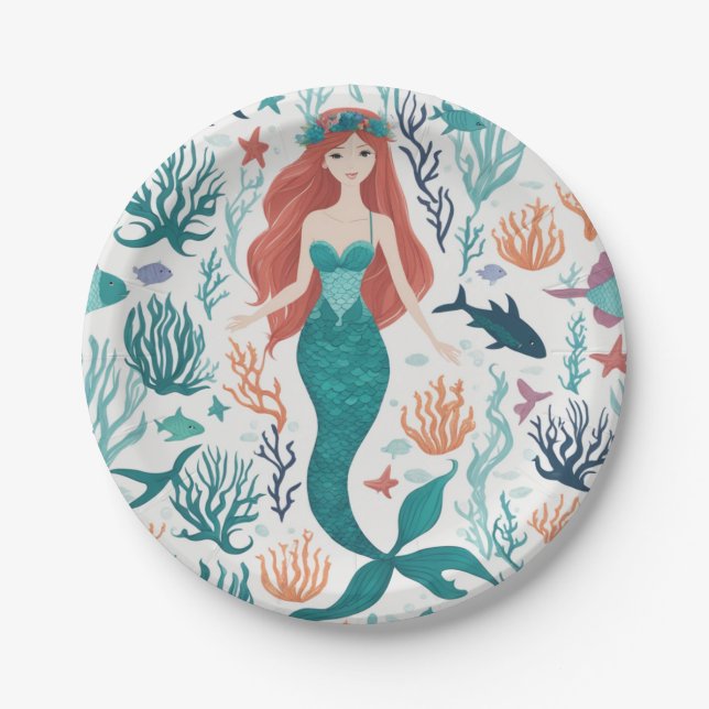Assiettes En Carton Mignonne sirène d'aquarelle sous la mer Anniversai (Devant)
