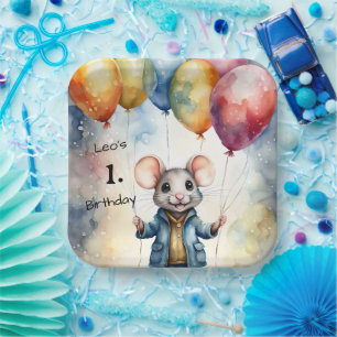 Assiettes En Carton Mignonne souris avec ballons colorés, personnalisa